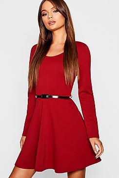 Boohoo Long Sleeve Belted Skater Dress