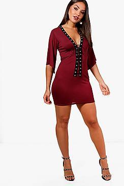 Boohoo Sara Lace Up Kimono Sleeve Bodycon Dress