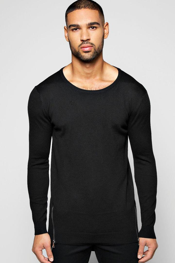 Boohoo Longline Double Zipped Round Neck Jumper Black