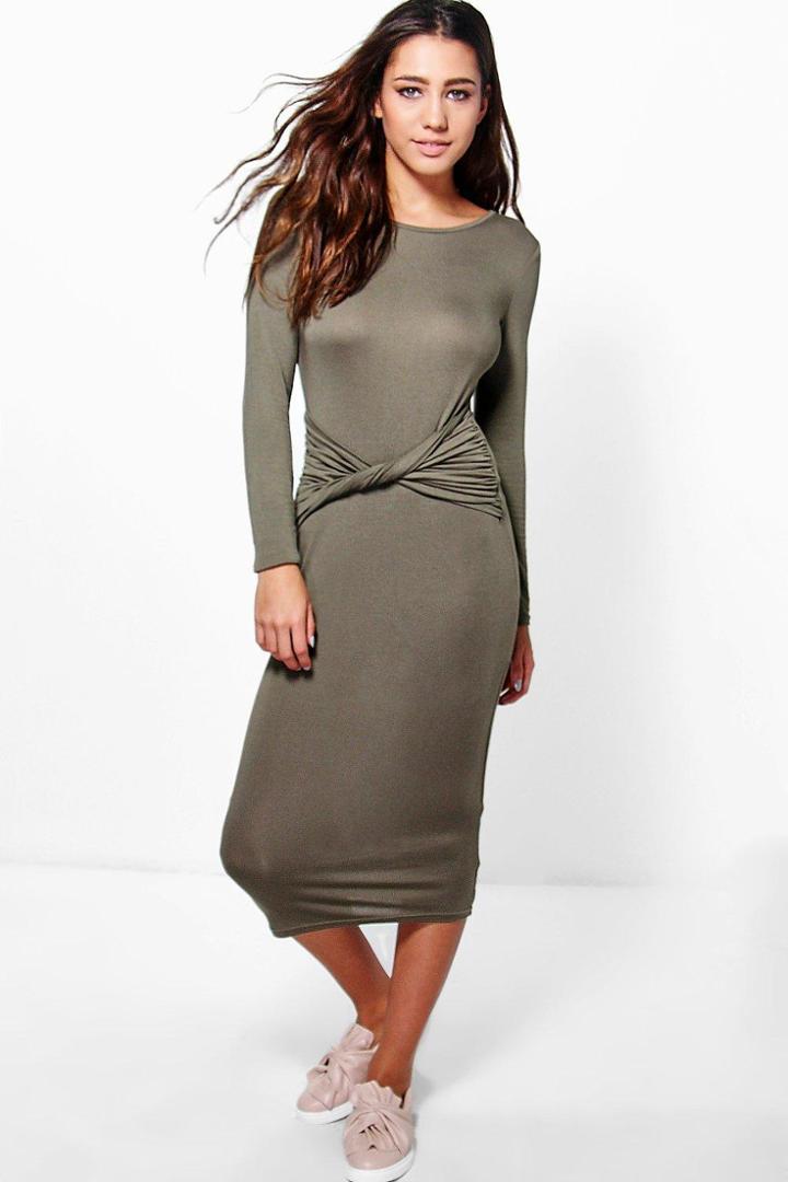 Boohoo Betsy Knot Front Midi Dress Khaki