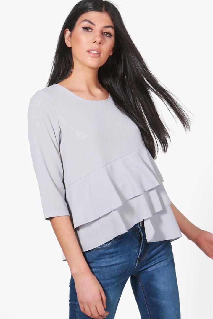 Boohoo Esme Ruffle Hem Woven Top Grey