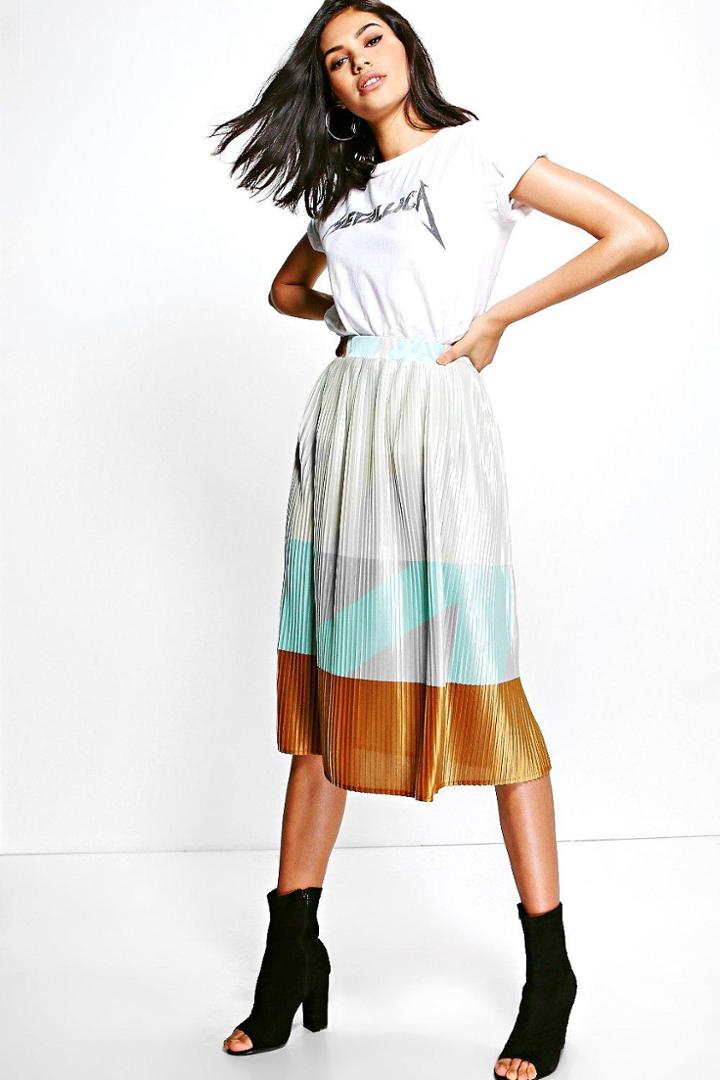 Boohoo Amelle Pleated Colour Block Satin Midi Skirt Multi