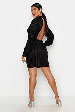 Boohoo Plisse Blouson Sleeve Open Back Bodycon Dress