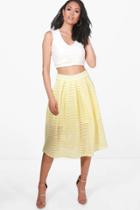 Boohoo Aura Sheer Mesh Stripe Box Pleat Skater Skirt Lemon
