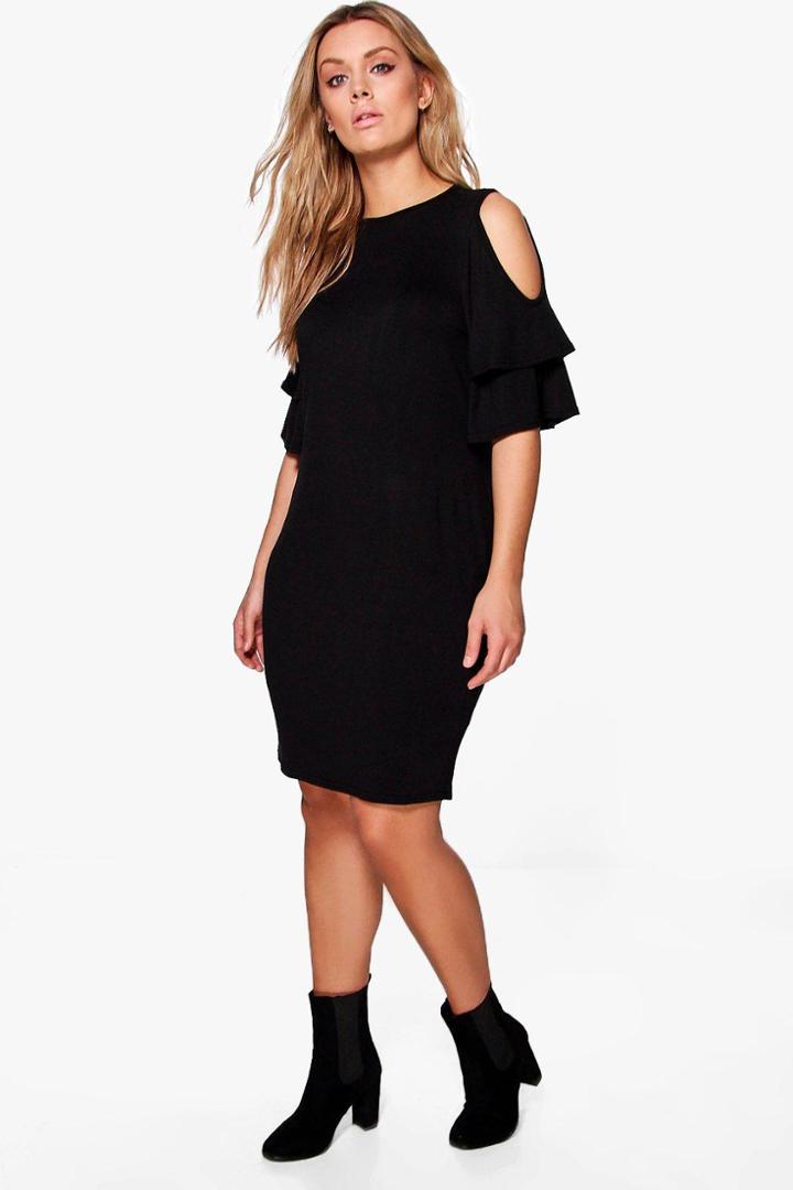 Boohoo Plus Kelly Ruffle Open Shoulder Bodycon Dress Black