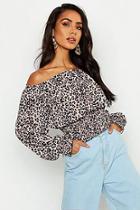 Boohoo Woven Leopard Print Shirred Off The Shoulder Top