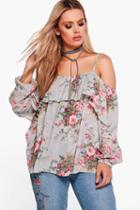 Boohoo Plus Cally Floral Open Shoulder Top Multi