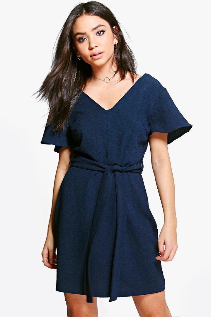 Boohoo Sarah Fluted Sleeve Belted Skater Dress Navy