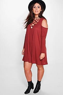 Boohoo Plus Aliza Ribbed Open Shoulder Swing Dress