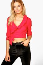 Boohoo Amy Ruffle Wrap Over Front Long Sleeve Top Red