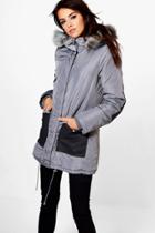 Boohoo Tia Parka With Contrast Pockets Grey