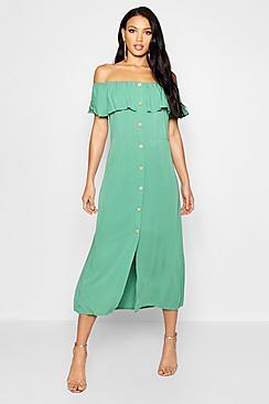 Boohoo Frill Bandeau Hem Button Maxi Dress