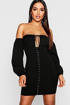 Boohoo Off The Shoulder Hook And Eye Detail Bodycon Dress