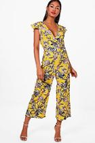 Boohoo Lara Frill Shoulder Floral Print Culotte Jumpsuit