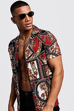 Boohoo Baroque Chain Print Short Sleeve Revere Shirt