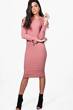 Boohoo Tina Cold Shoulder Tie Detail Midi Dress