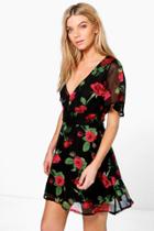 Boohoo Hermia Rose Print Plunge Neck Skater Dress Black