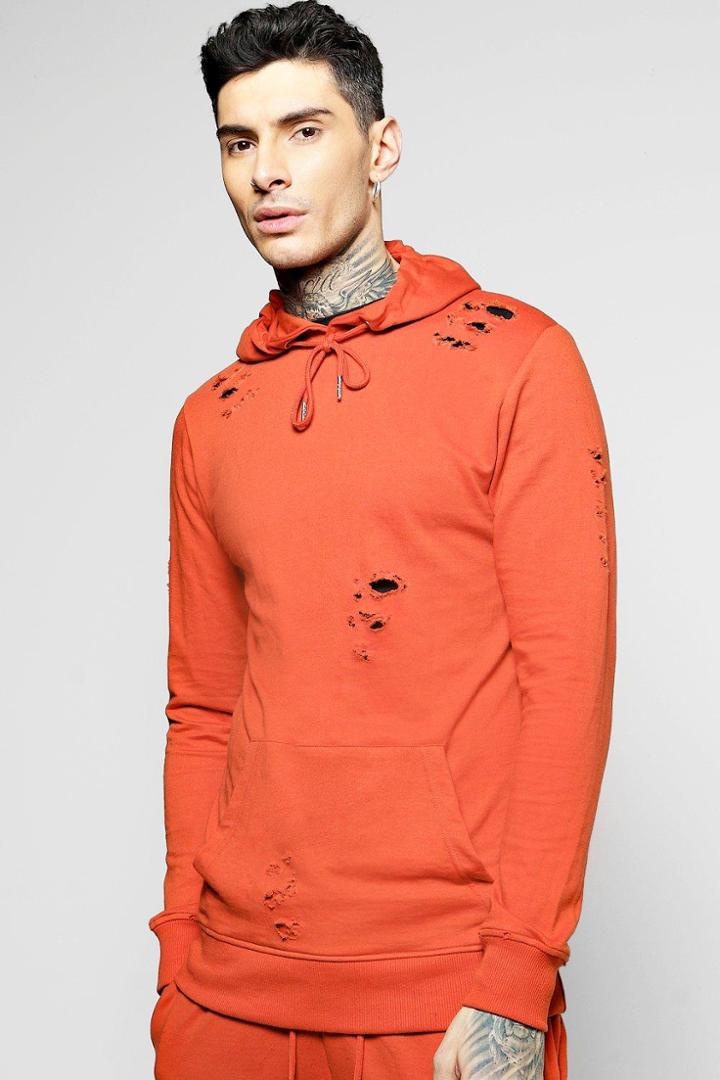 Boohoo Distressed Over The Head Hoodie Rust