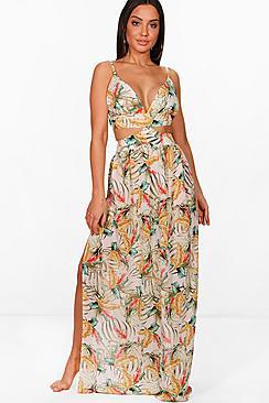 Boohoo Ellie Tropical Print Cut Out Maxi Dress