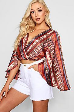 Boohoo Sophia Tile Print Cut Out Sleeve Crop