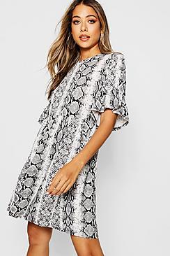 Boohoo Snake Print Ruffle Sleeve Smock Dress