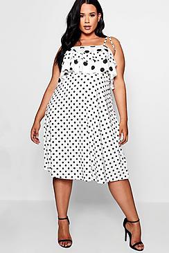 Boohoo Plus Olivia Polka Dot Ruffle Midi Skater Dress