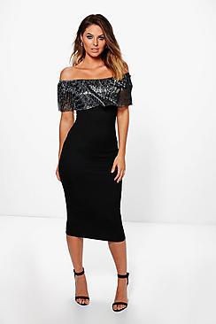 Boohoo Tessa Metallic Pleat Off Shoulder Midi Dress