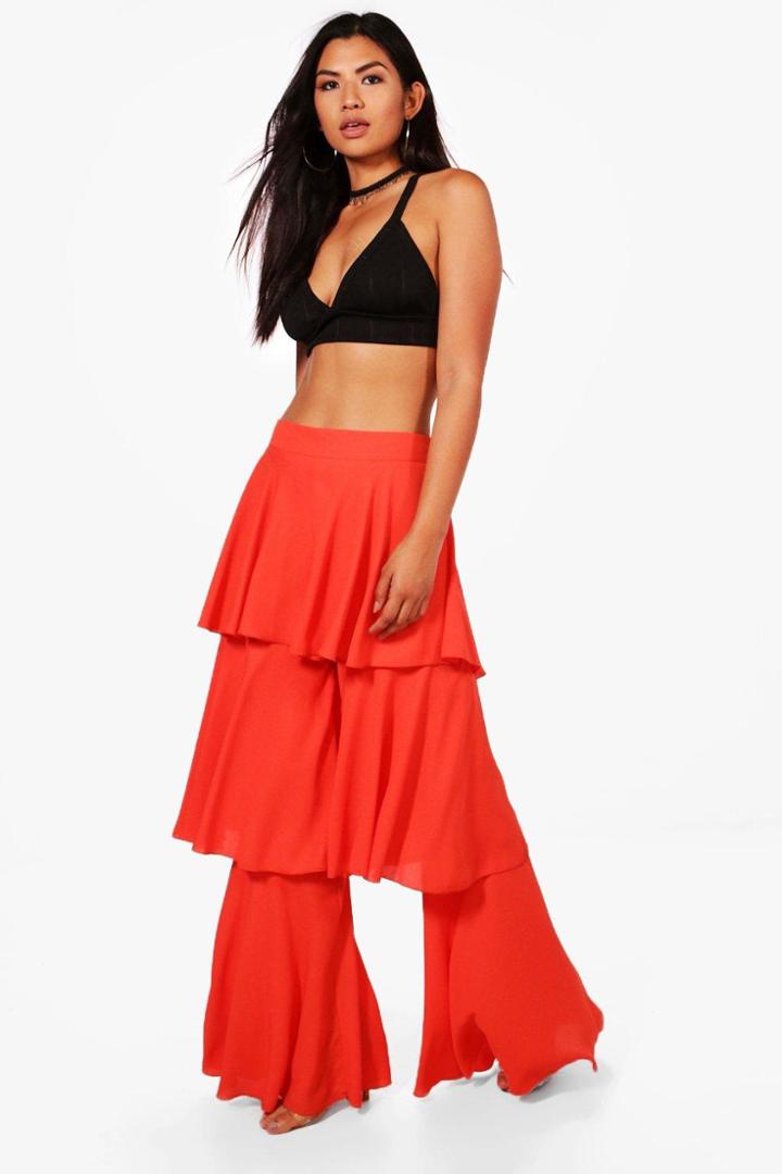 Boohoo Kiera Premium Layered Ruffle Woven Trousers Red