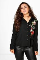 Boohoo Plus Brea Embroidered Boxy Shirt Black