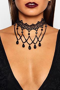 Boohoo Halloween Lace & Gem Layered Choker