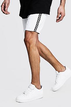 Boohoo Slim Fit Denim Shorts With Checkerboard Tape