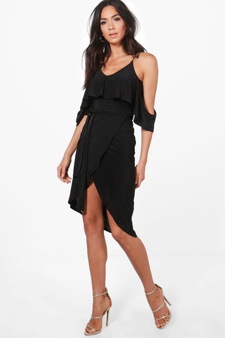 Boohoo Ella Clinky Cold Shoulder Wrap Midi Dress Black