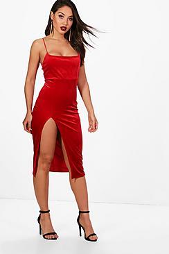 Boohoo Natalie Strappy Velvet Side Split Maxi Dress