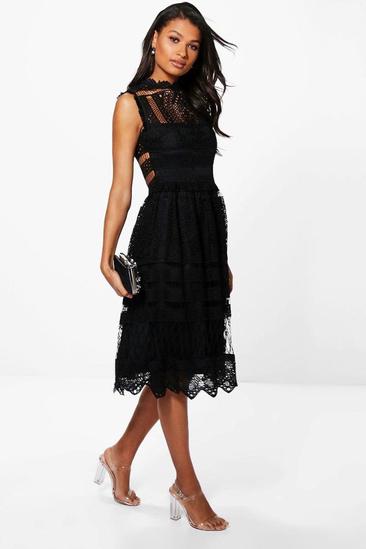 Boohoo Boutique Paula Lace Midi Skater Dress Black