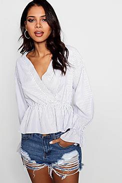Boohoo Woven Stripe Wrap Blouse