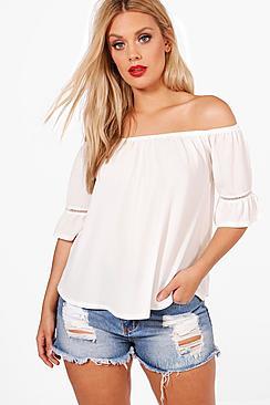 Boohoo Plus Ellie Embroidered Off The Shoulder Top