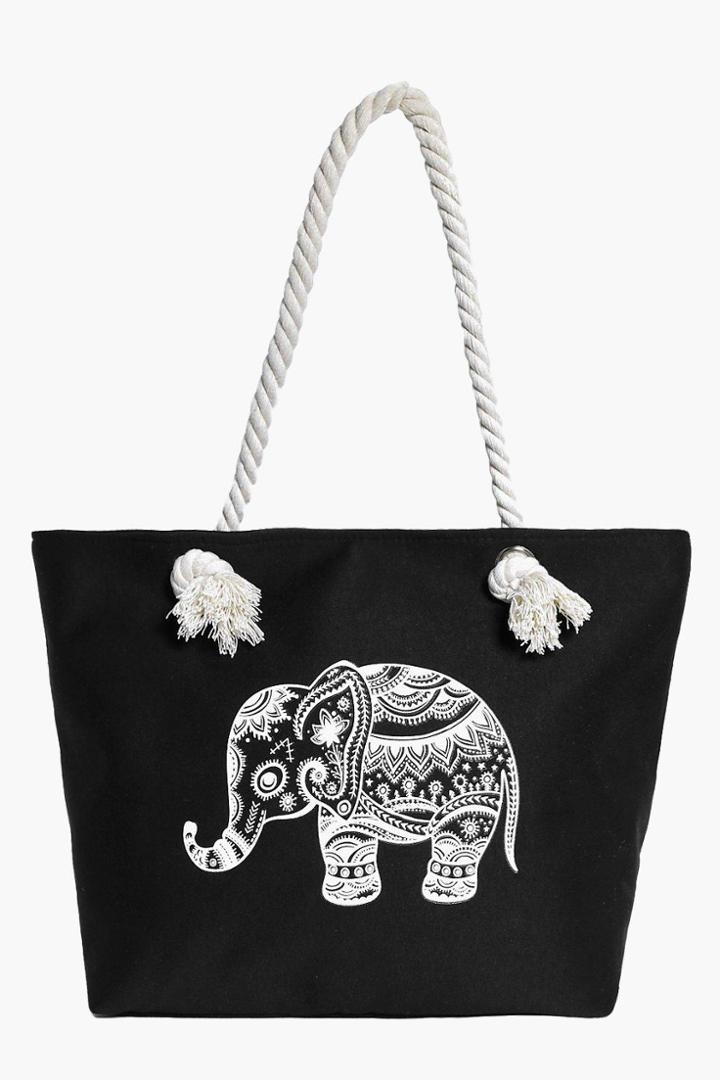 Boohoo Iris Elephant Print Rope Handle Beach Bag Black