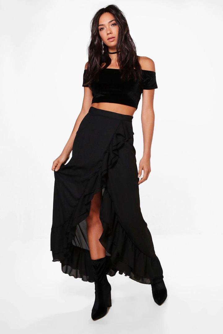 Boohoo Luna Ruffle Front Dipped Hem Maxi Skirt Black