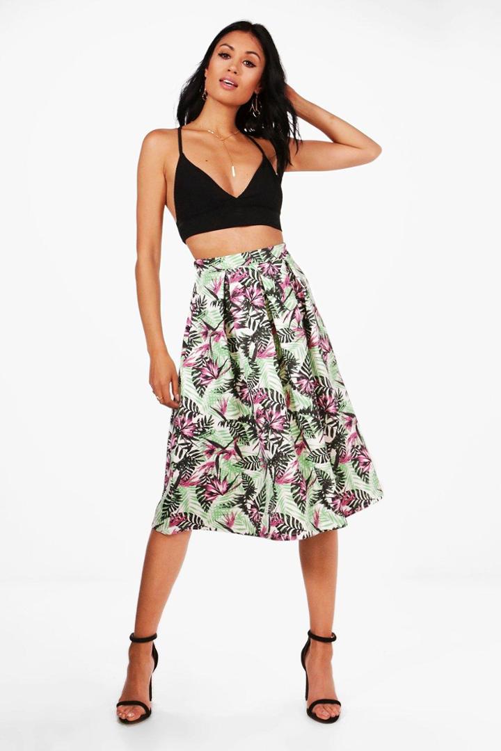 Boohoo Harriet Bright Leaf Box Pleat Skater Skirt Green
