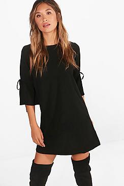 Boohoo Tie Sleeve Woven Shift Dress