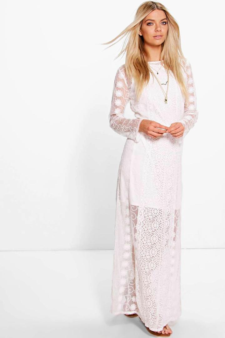Boohoo Boutique Sarah Crochet Panel Maxi Dress Ivory