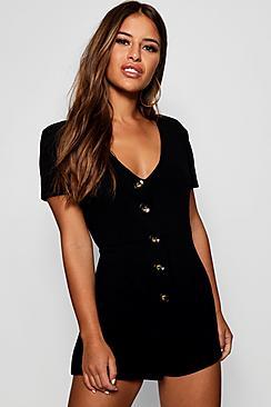 Boohoo Petite Mollie Contrast Button Plunge Playsuit