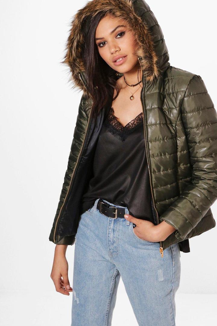 Boohoo Harriet High Shine Faux Fur Hood Padded Coat Khaki