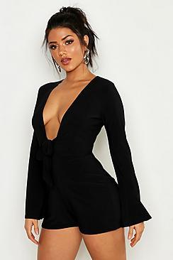 Boohoo Tie Waist Plunge Playsuit