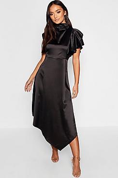 Boohoo Petite Satin Asymmetric Midi Dress