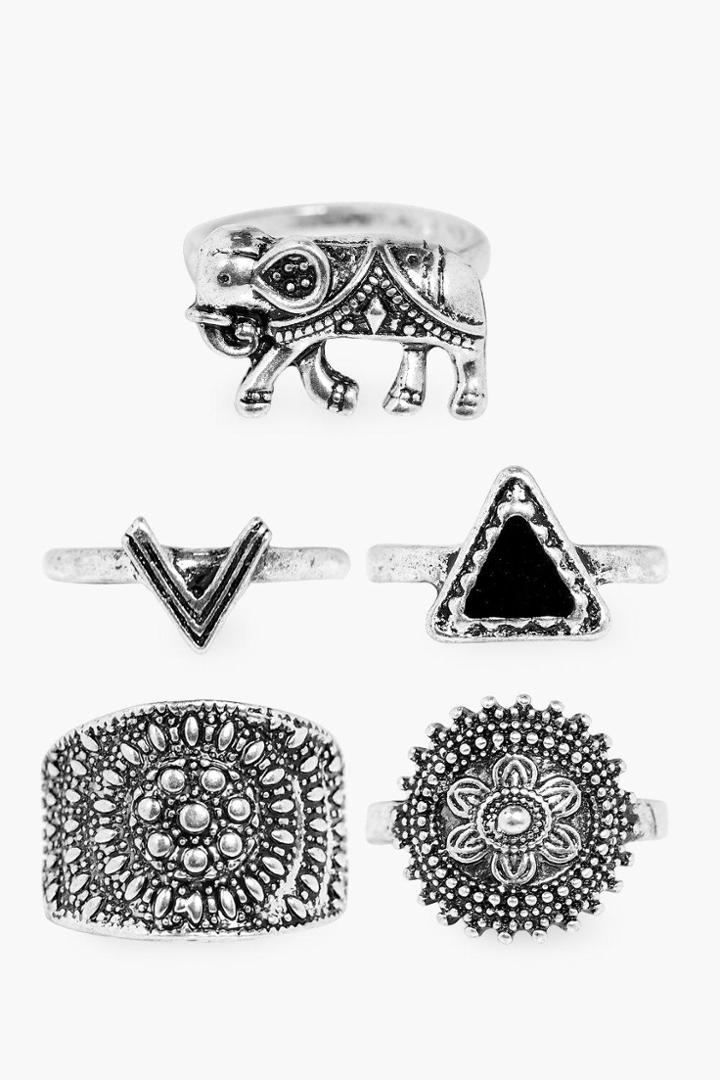 Boohoo Matilda Boho Elephant Ring 5 Pack Silver