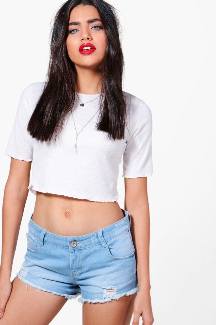 Boohoo Becki Fray Hem Denim Shorts Blue