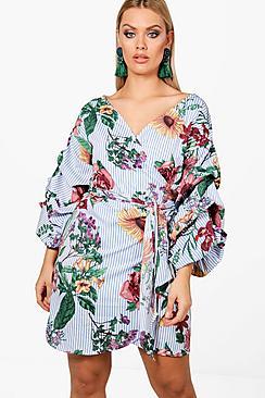 Boohoo Plus Milly Stripe + Floral Wrap Dress