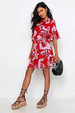 Boohoo Belted Frill Sleeve Skater Dress