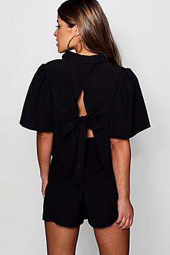 Boohoo Petite Tie Back Extreme Sleeve Crop Shirt